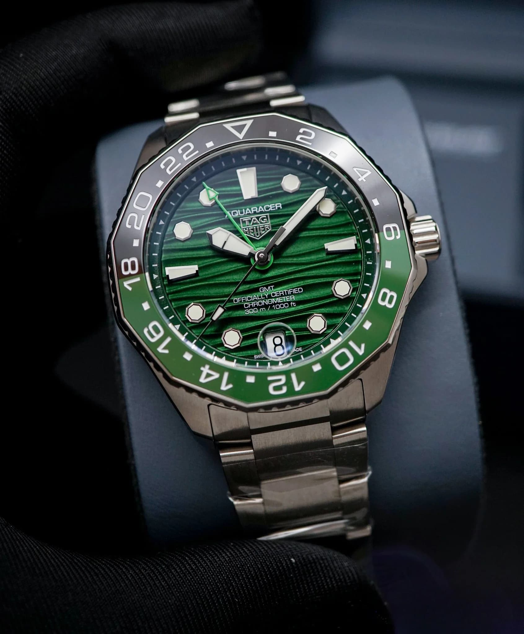 Aquaracer Professional 300 GMT Green Sunray Dial Steel Bracelet