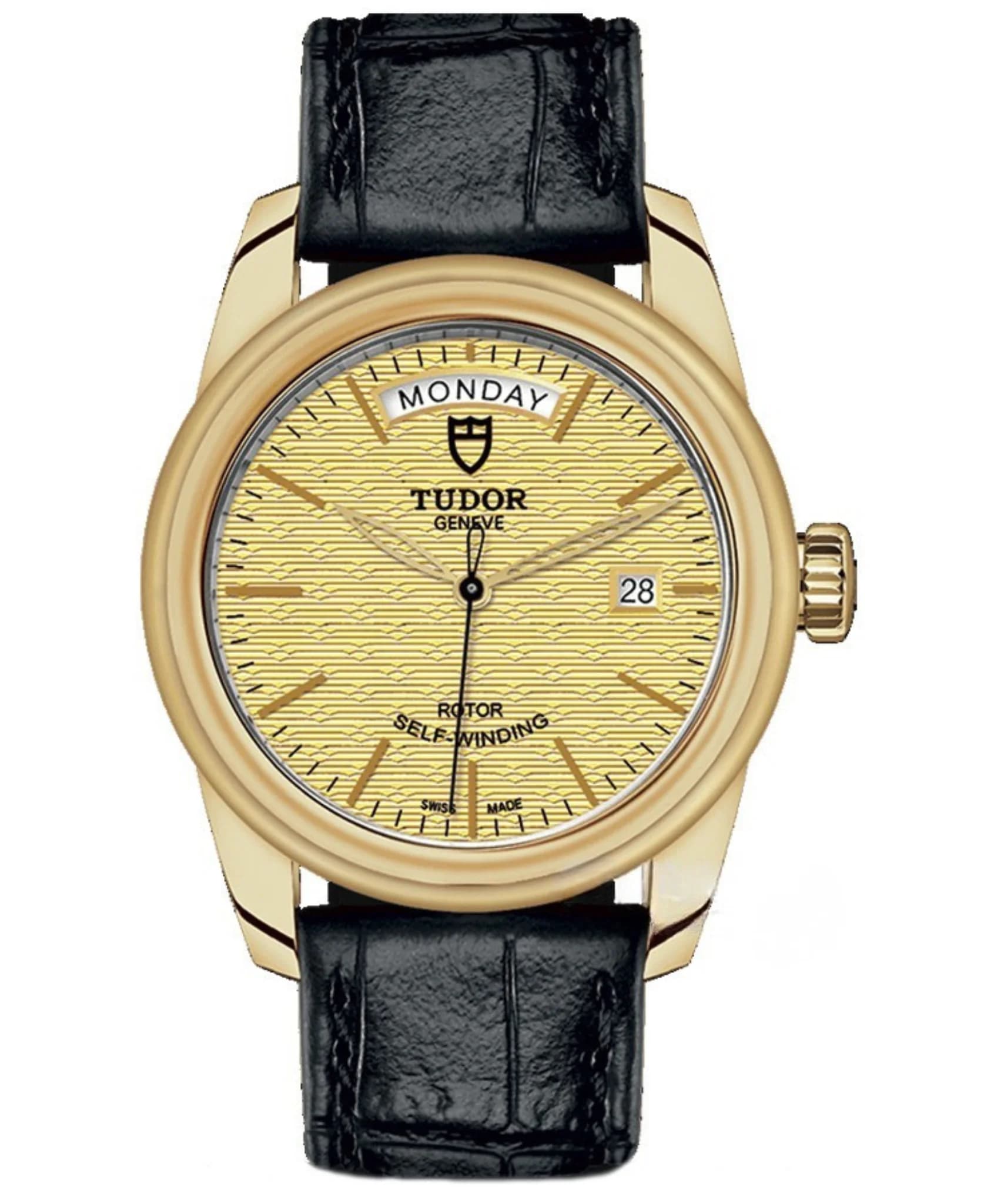 Glamour Date+Day 39mm With Jacquard Dial 18k Gold Case Leather Strap
