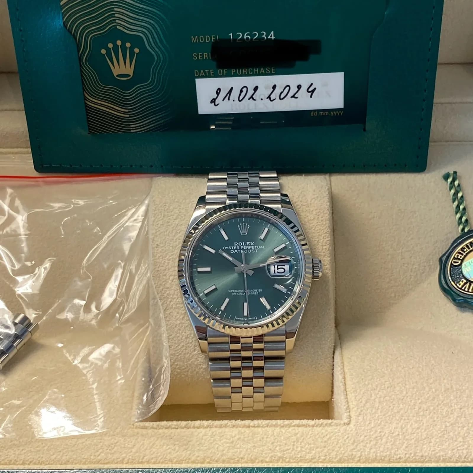 Thumb Datejust 36 Stainless Steel / Fluted / Green / Jubilee