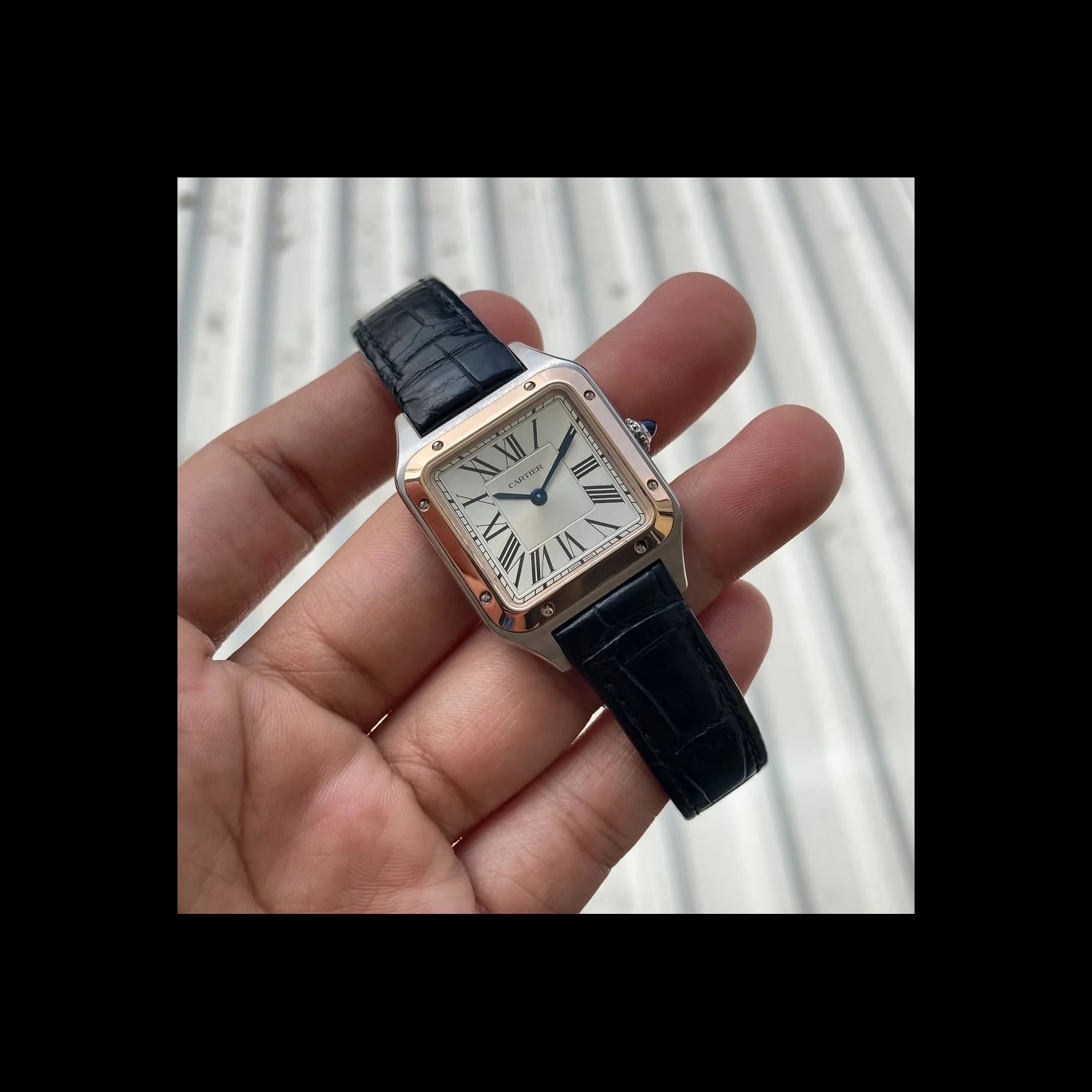 Santos Dumont 38 Silver Steel Rose Gold / Alligator Strap Black