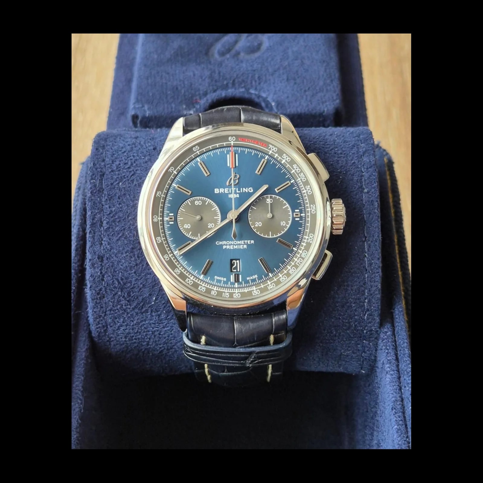 Premier B01 Chronograph 42 Stainless Steel / Blue / Croco / Folding