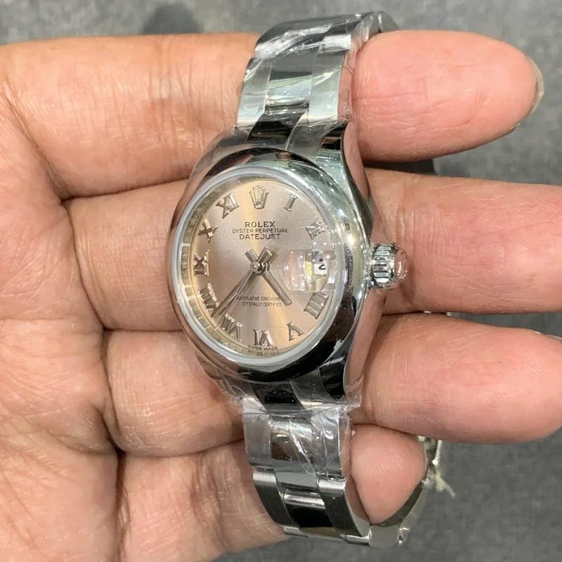 Thumb Lady-Datejust 28 Stainless Steel Domed / Oyster / Pink Roman