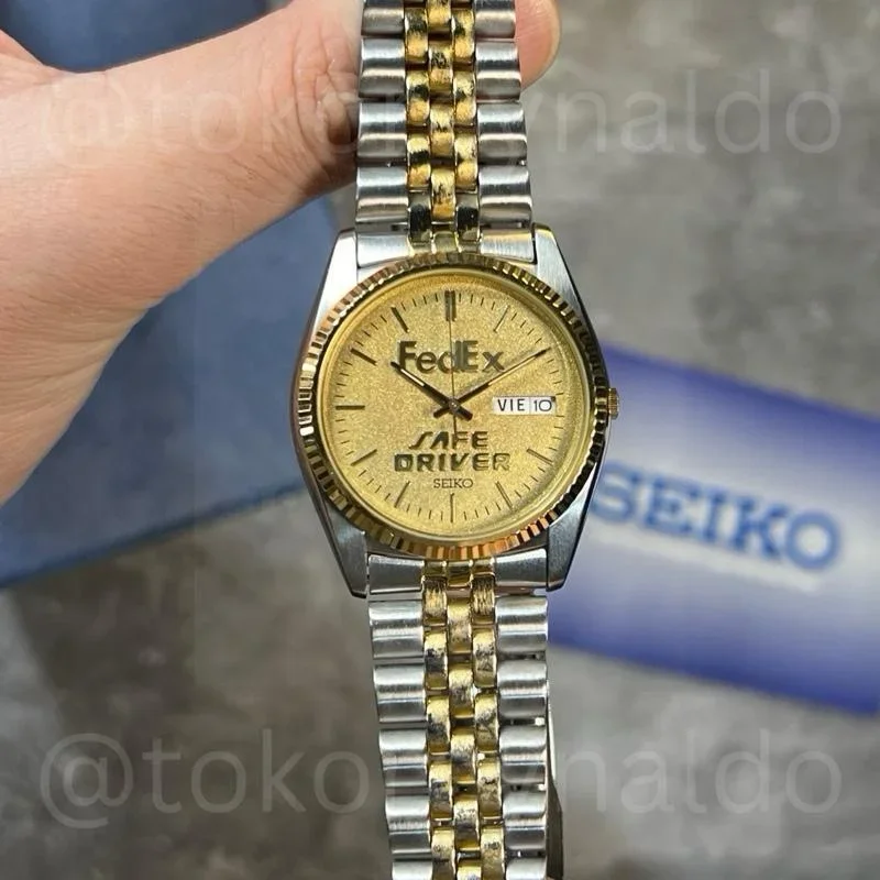 Thumb Seiko "FedEx Safe Driver" Day-Date 7N43 Two-Tone Fluted Bezel Gold Textured Dial (LX1657)