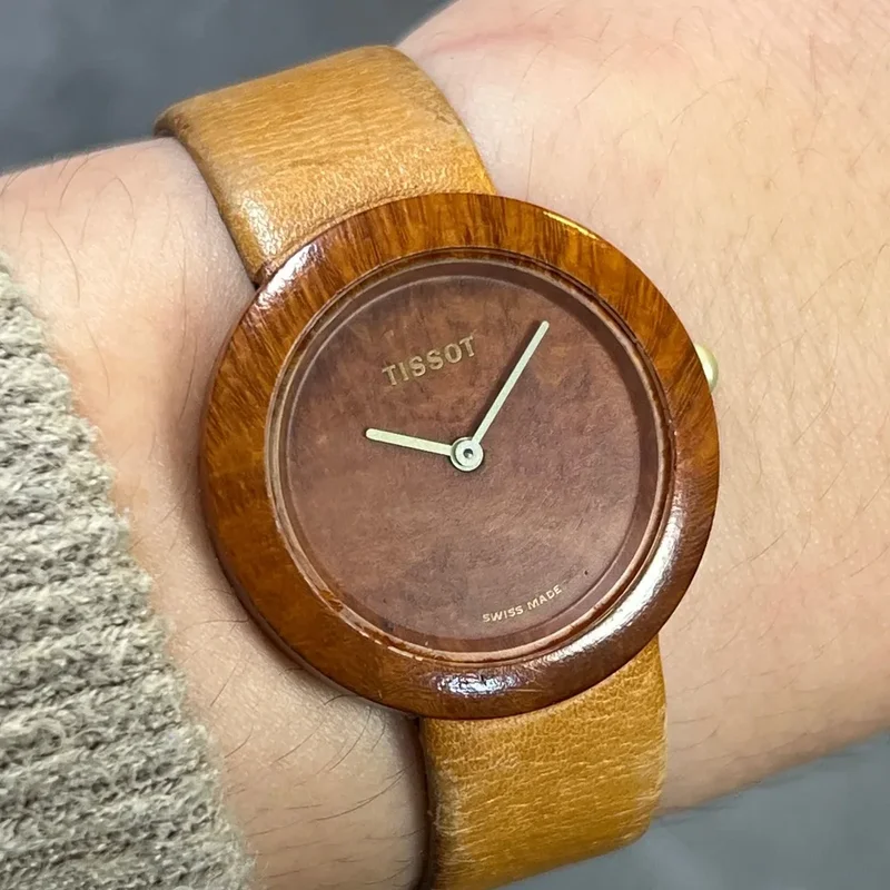 Vintage Tissot Woodwatch W150 Round Brown Wooden Case Maple-Like Dial LX2351