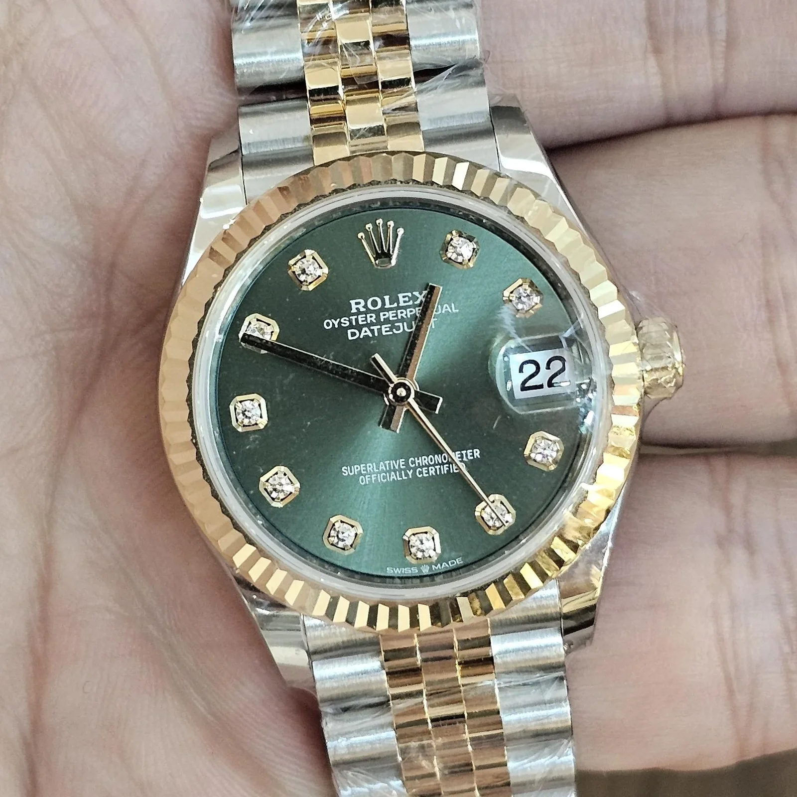 Datejust 31 Stainless Steel / Yellow Gold / Fluted / Olive - Diamond / Jubilee