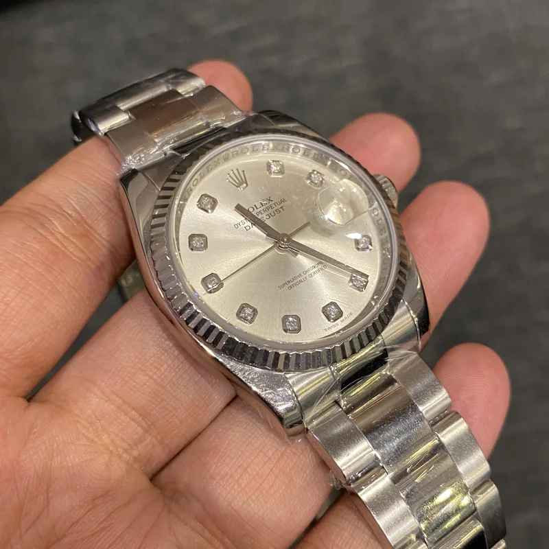 Thumb Datejust 36 Stainless Steel Fluted / Oyster / Silver Diamond