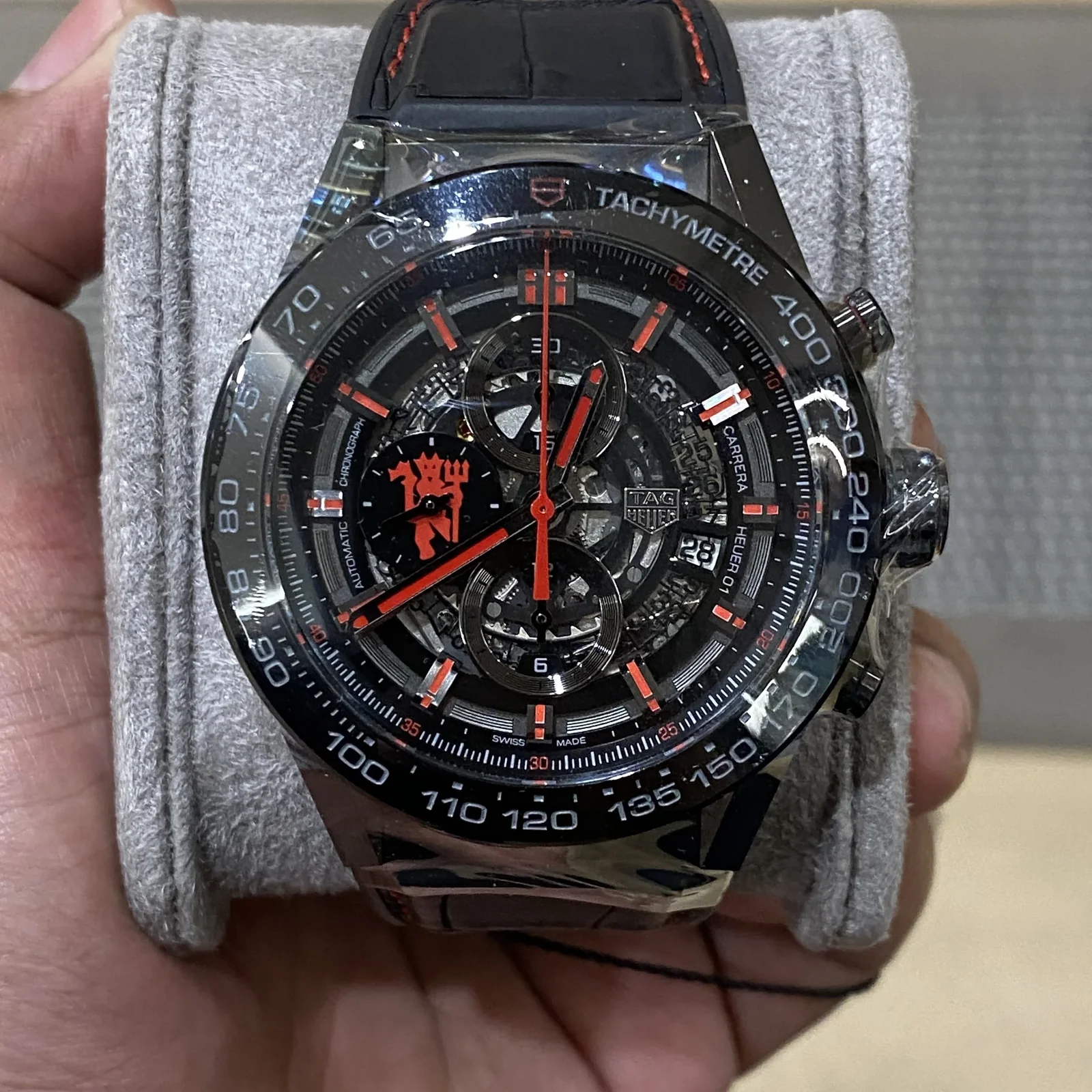 Carrera Calibre Heuer 01 45 Stainless Steel / Skeleton / Alligator / Manchester United