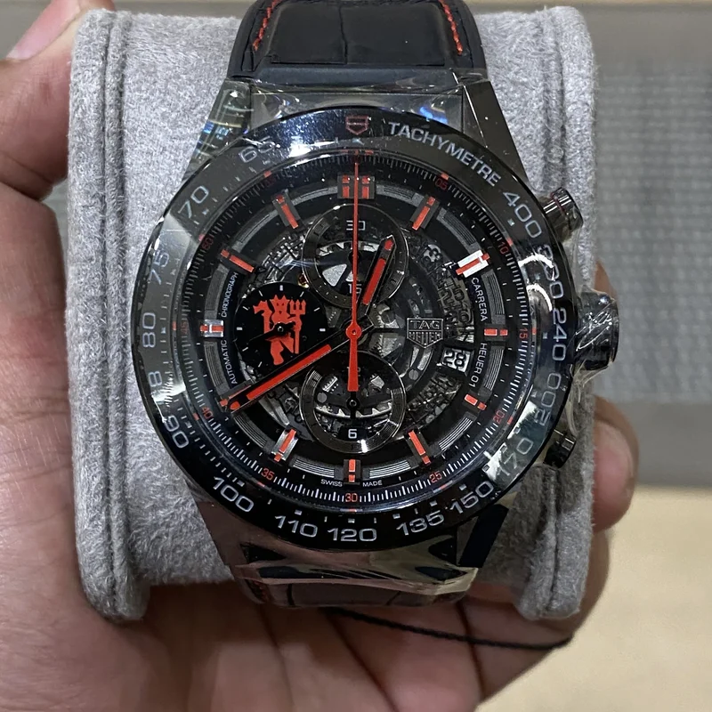 Carrera Calibre Heuer 01 45 Stainless Steel / Skeleton / Alligator / Manchester United