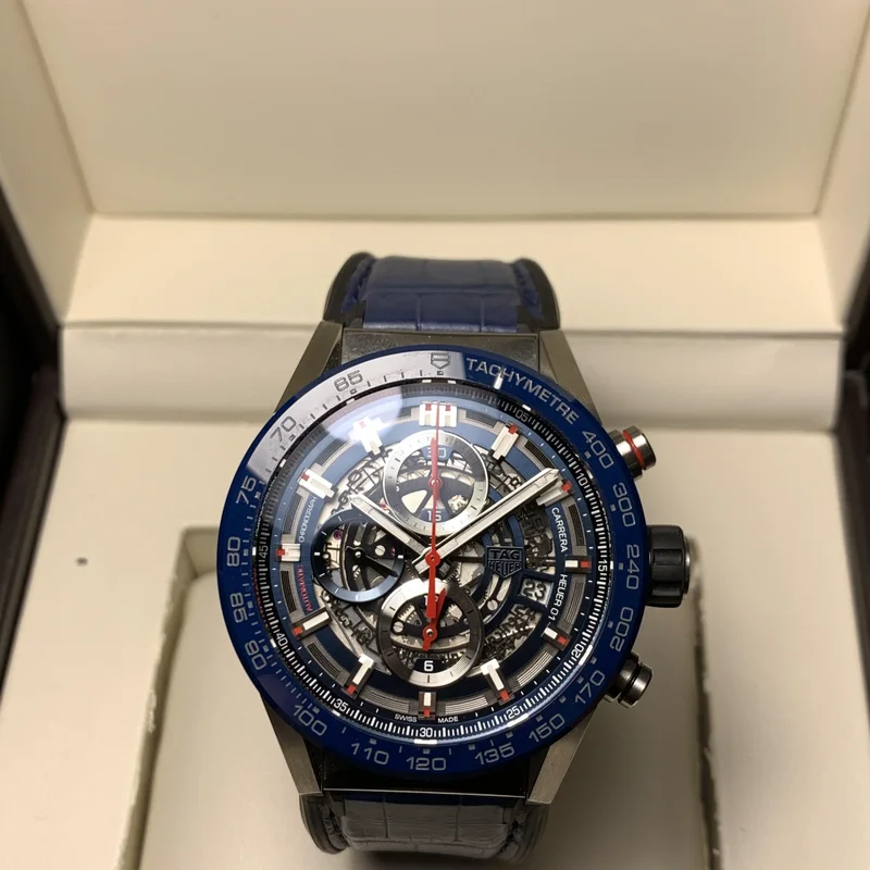 Carrera Calibre Heuer 01 43 Stainless Steel / Blue Ceramic / Alligator