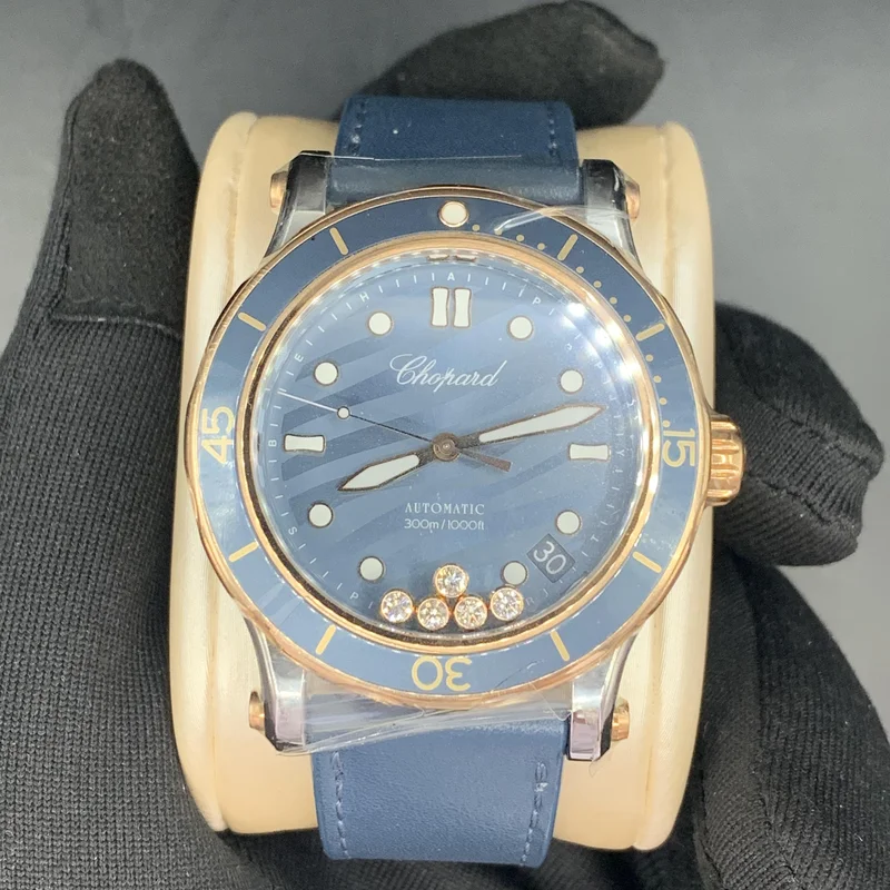 Happy Sport Ocean Ethical 18K Rose Gold & Steel Blue Grey Dial