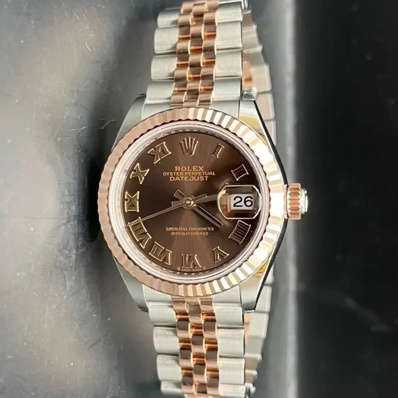 Lady-Datejust 28 Rolesor Rose Fluted / Jubilee / Chocolate Roman