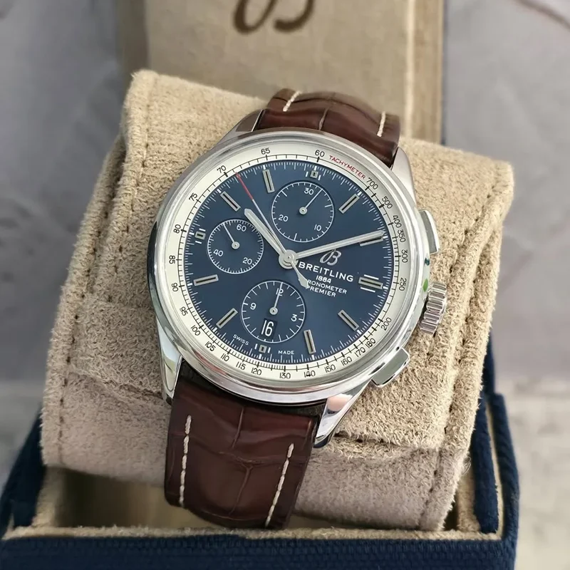 Thumb Premier Chronograph 42 Stainless Steel / Blue / Croco Brown / Folding