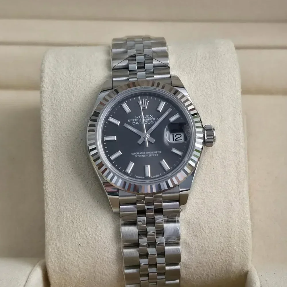 Lady-Datejust 28 Stainless Steel Fluted / Grey / Jubilee