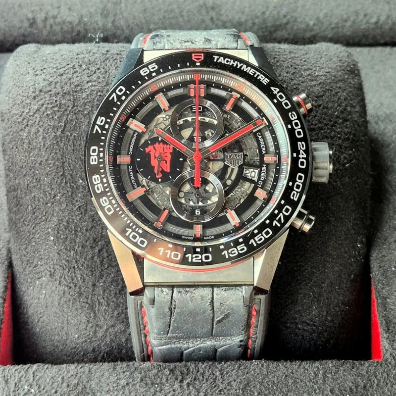 Carrera Calibre Heuer 01 45 Stainless Steel / Skeleton / Alligator / Manchester United